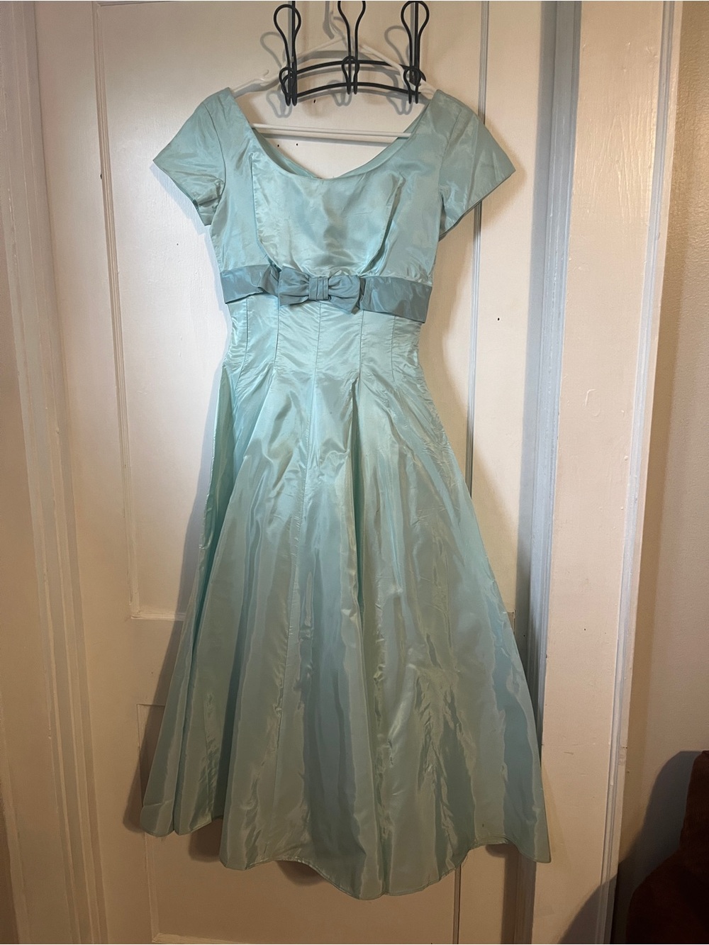 Vintage-Inspired Light Aqua Party Dress with Bow Waist. Small. 1950's  era.